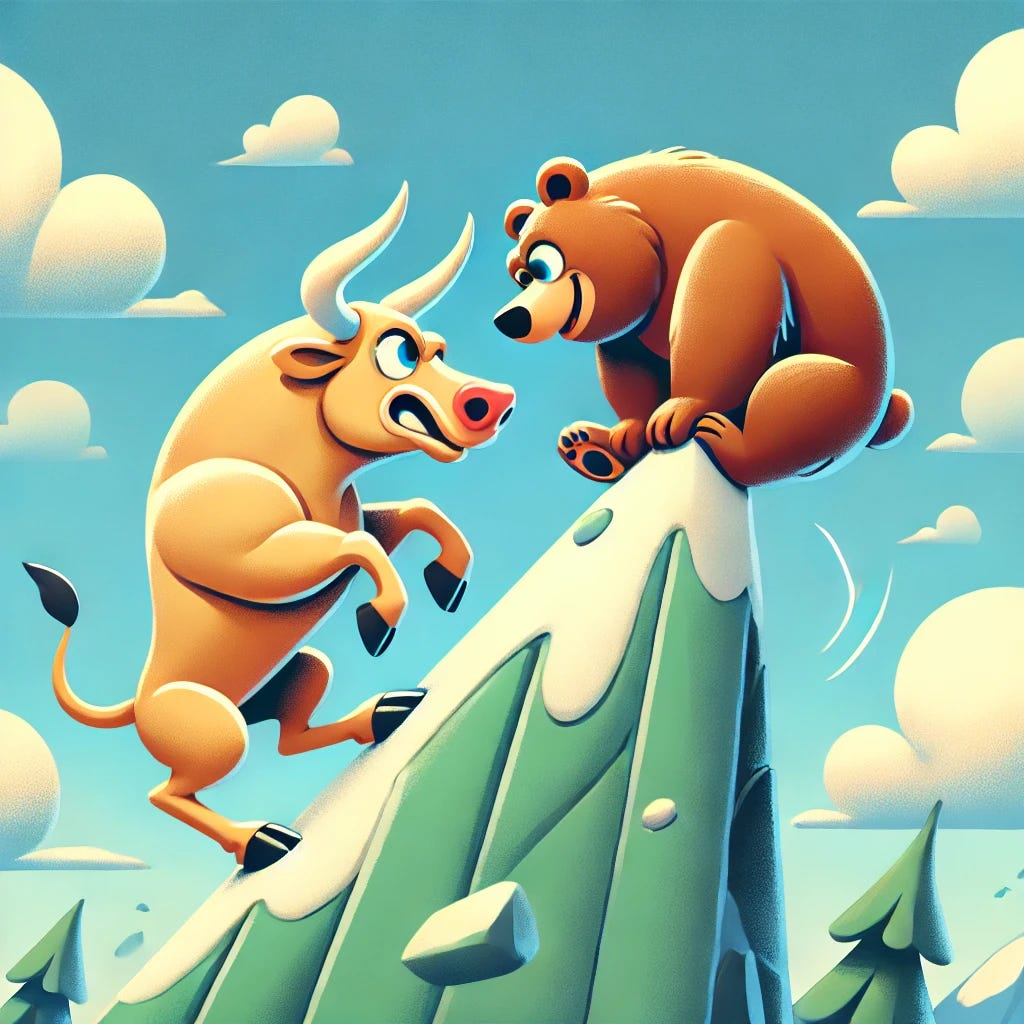 A playful, Pixar-style illustration of a bull and bear on a mountain top, engaged in a game of 'King of the Hill.' The bull, muscular and determined, is playfully pushing against the bear, which is standing its ground with a competitive expression. The scene is dynamic with the two animals balancing near the edge of the mountain peak, surrounded by cartoonish clouds and a bright sky. The style is light-hearted and animated, with exaggerated features and friendly competition between the bull and bear, resembling Pixar's signature design with rounded shapes and bright colors.