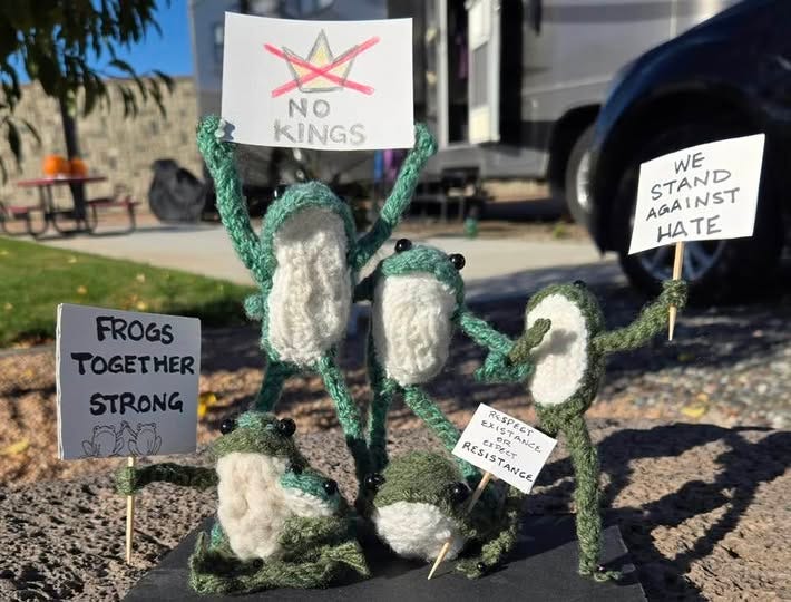 May be an image of text that says 'NO KINGS WE STAND AGAINST NST AGA HA HATE E FROGS TOGETHER STRONG 0N SapEciEs EXI RESISTANCE N EXPECT EXISTARL RESISTANCE " AOR RESPECT NCE'