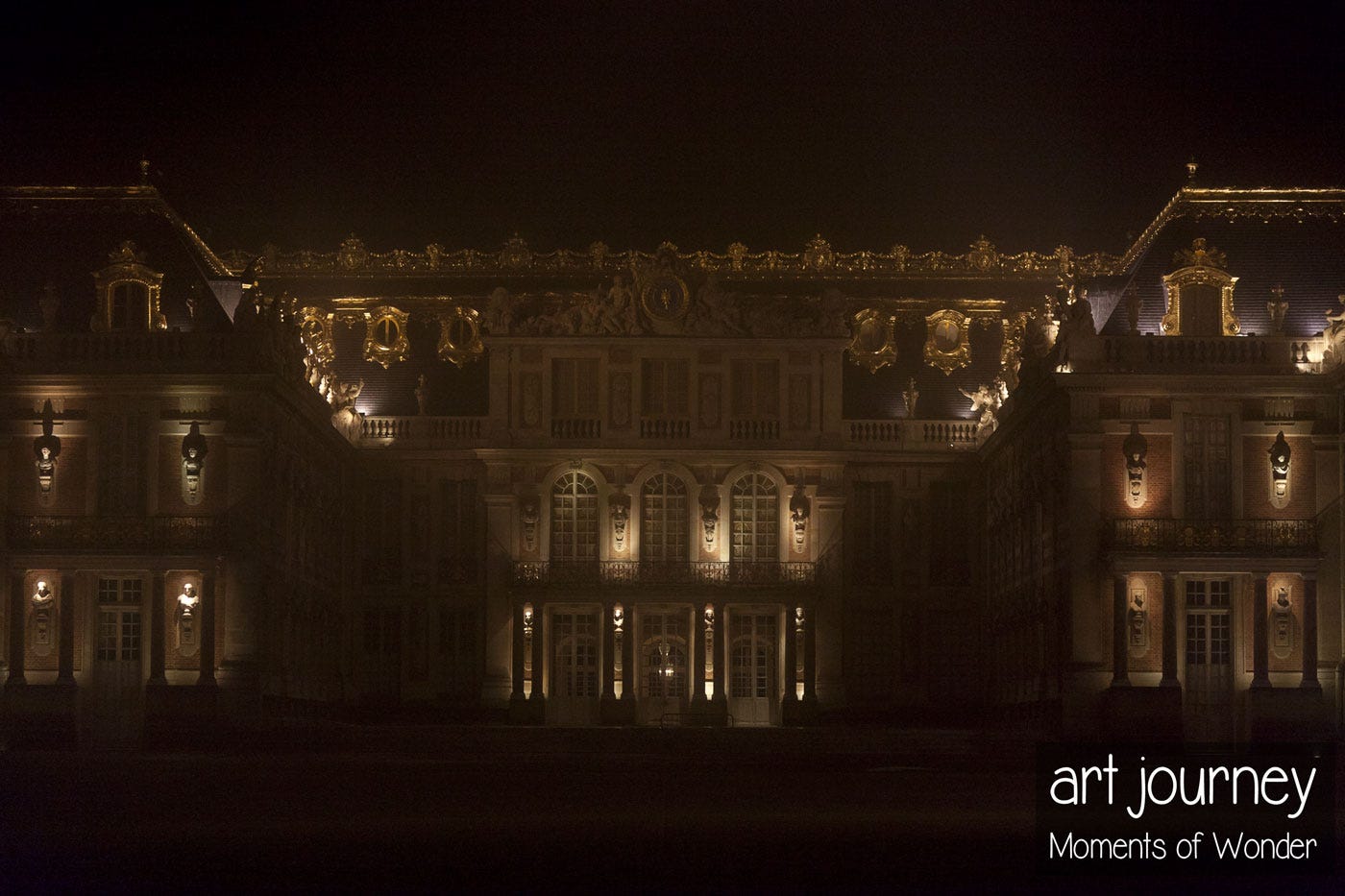 Versailles castle at night in fog winter