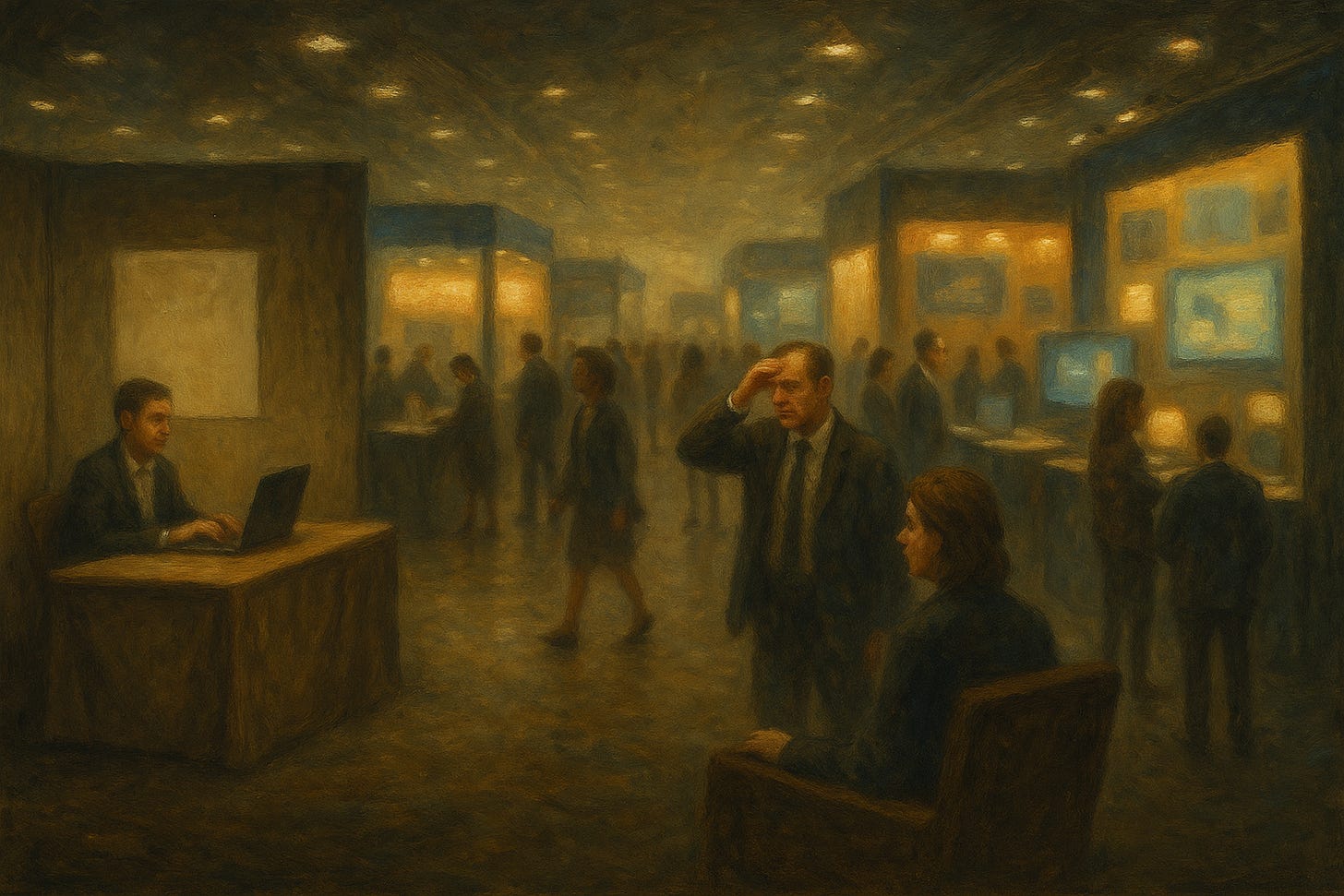 An oil painting of a surreal trade show floor filled with exhibition booths. Some are bare tables with laptops and paper signs, while others glow with bright screens and displays. Attendees wander the aisles, looking confused, as golden light and painterly brushstrokes create a hazy, dreamlike atmosphere.