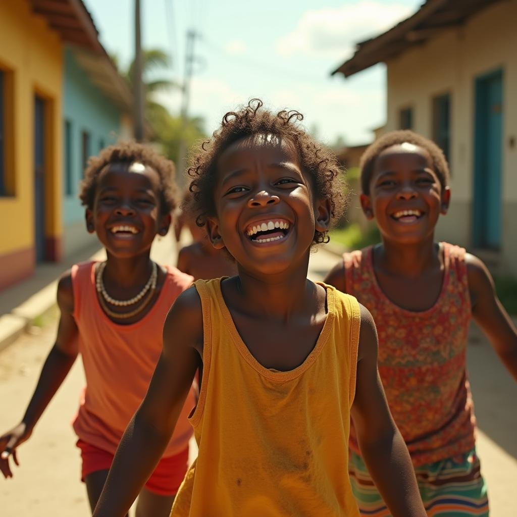Vibrant Jamaican children laughed and played in a warm, sun-drenched street scene, captured in a cinematic film still shot.