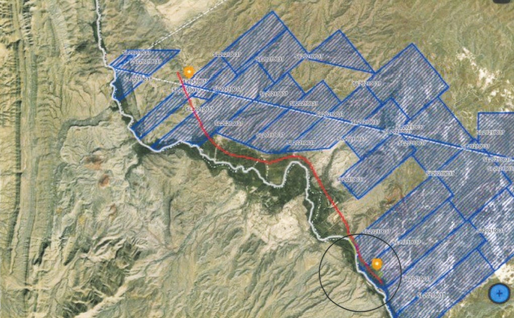 Texas released this map showing where it says a CBP contractor “illegally entered” four sections of publicly-owned state land in Presidio County (indicated in blue) to grade a huge swatch a Presidio County Commissioner candidate says corresponds to a map the county received from the contractor showing the proposed path of the Border Wall. (Texas General Land Office map) Texas released this map showing where it says a CBP contractor “illegally entered” four sections of publicly-owned state land in Presidio County (indicated in blue) to grade a huge swatch a Presidio County Commissioner candidate says corresponds to a map the county received from the contractor showing the proposed path of the Border Wall. (Texas General Land Office map)