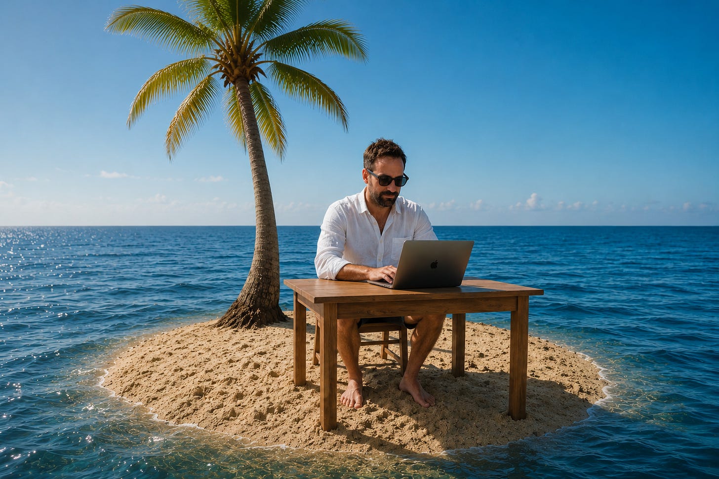 A man sitting alone at a small desk with a laptop on a tiny island surrounded by open ocean