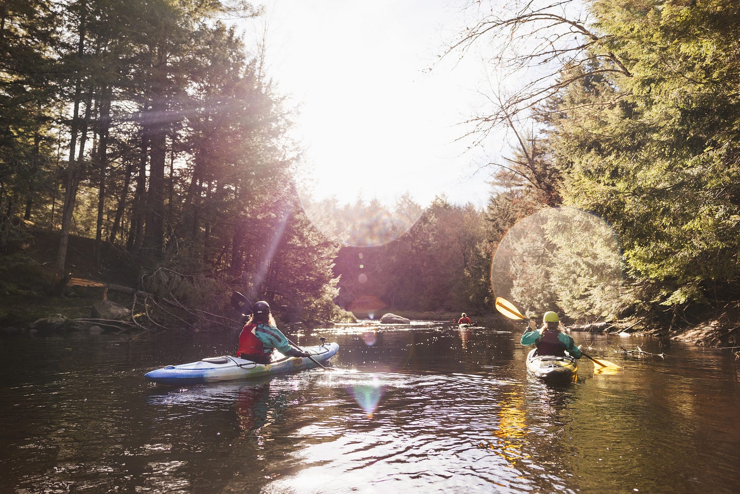 Paddlers kayaking into the sun.