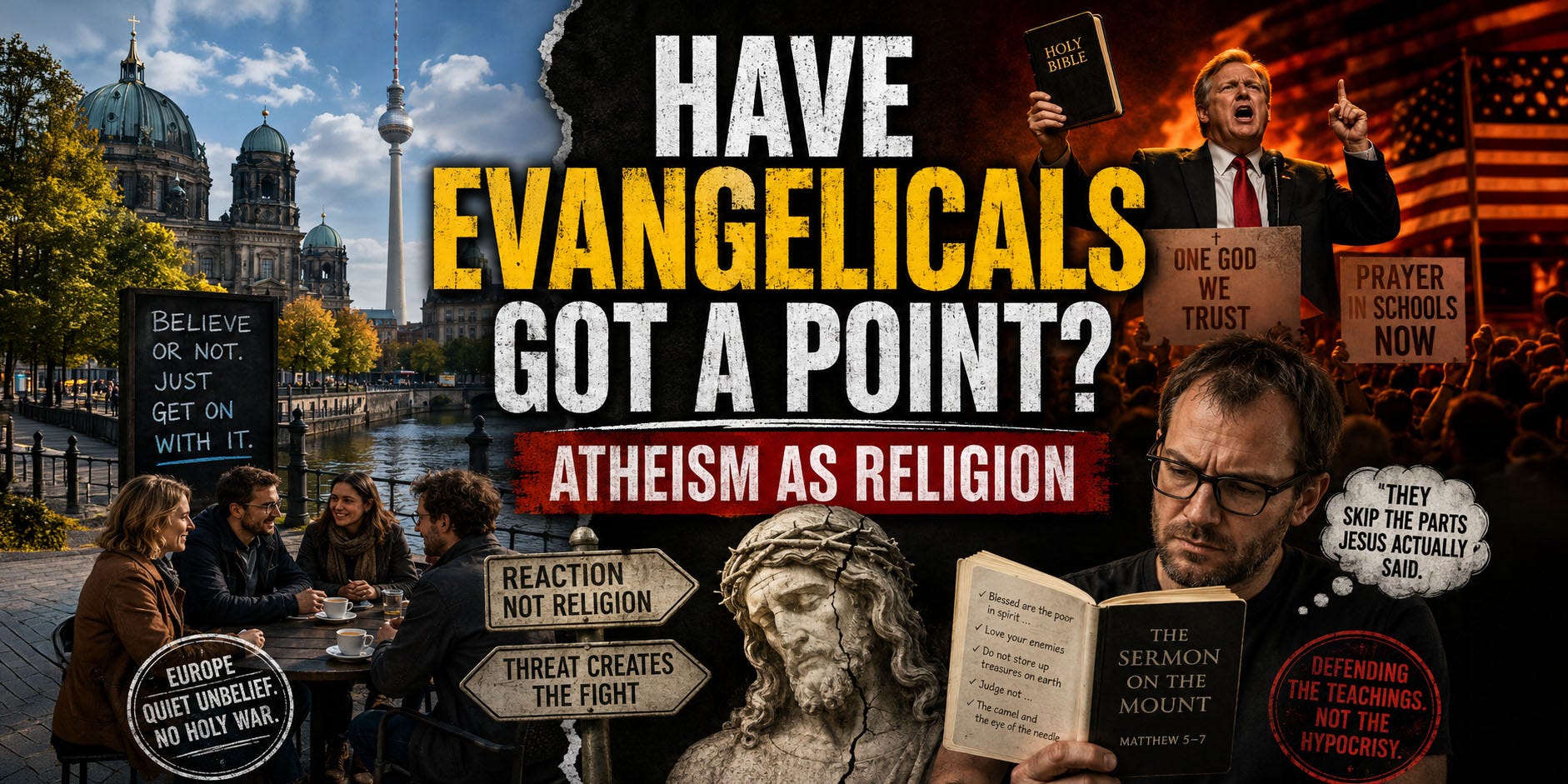 on the left, a calm European cityscape with people socializing outdoors beneath historic churches and signs suggesting quiet secularism; on the right, a fiery American religious-political rally featuring a Bible-waving speaker, protest signs, and Christian nationalist imagery. At the center, bold headline text asks whether evangelicals have a point about atheism becoming a religion. A thoughtful reader studies the Sermon on the Mount while symbolic road signs and a weathered statue of Jesus reinforce themes of faith, skepticism, and culture-war politics. on the left, a calm European cityscape with people socializing outdoors beneath historic churches and signs suggesting quiet secularism; on the right, a fiery American religious-political rally featuring a Bible-waving speaker, protest signs, and Christian nationalist imagery. At the center, bold headline text asks whether evangelicals have a point about atheism becoming a religion. A thoughtful reader studies the Sermon on the Mount while symbolic road signs and a weathered statue of Jesus reinforce themes of faith, skepticism, and culture-war politics.