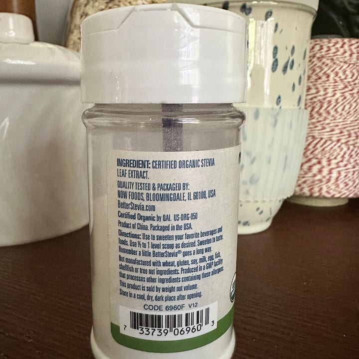 closeup of stevia bottle showing the front label and back ingredient details