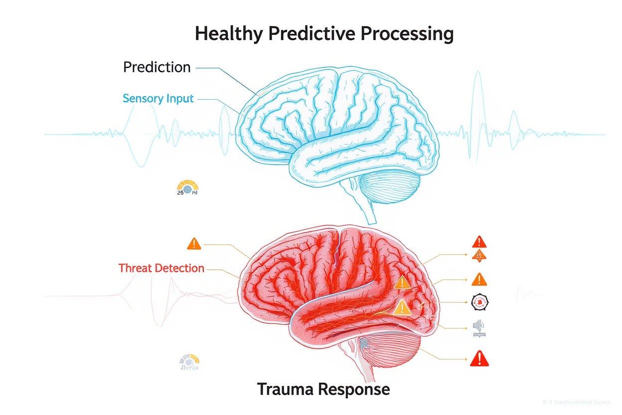 Medical diagram comparing healthy brain predictive processing with trauma-altered brain showing disrupted threat detection systems and unbalanced neural activity