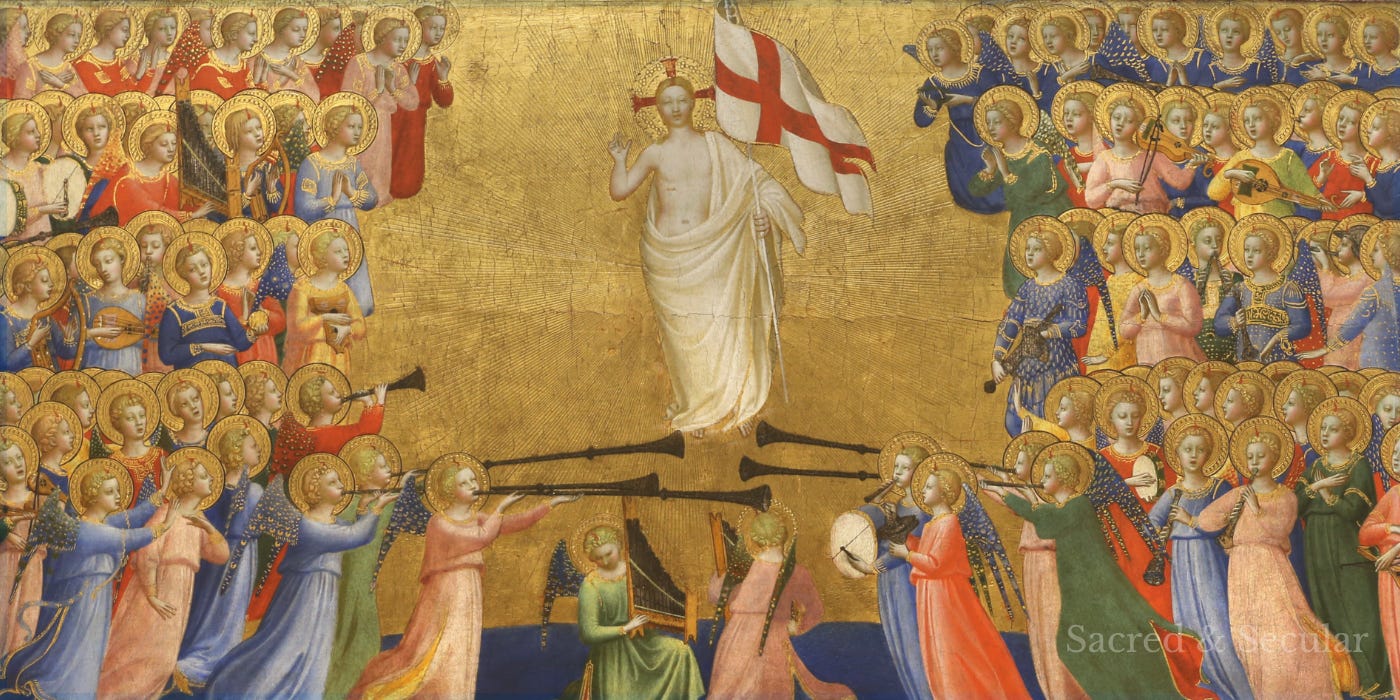 Fra Angelico painting showing Christ in glory surrounded by rows of saints and angels in richly coloured robes against a gold background.