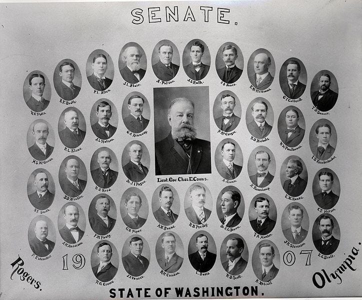 Composite portrait of members of the Washington State Senate and state officers, with Lieutenant Governor Charles E. Coon prominently featured at center.