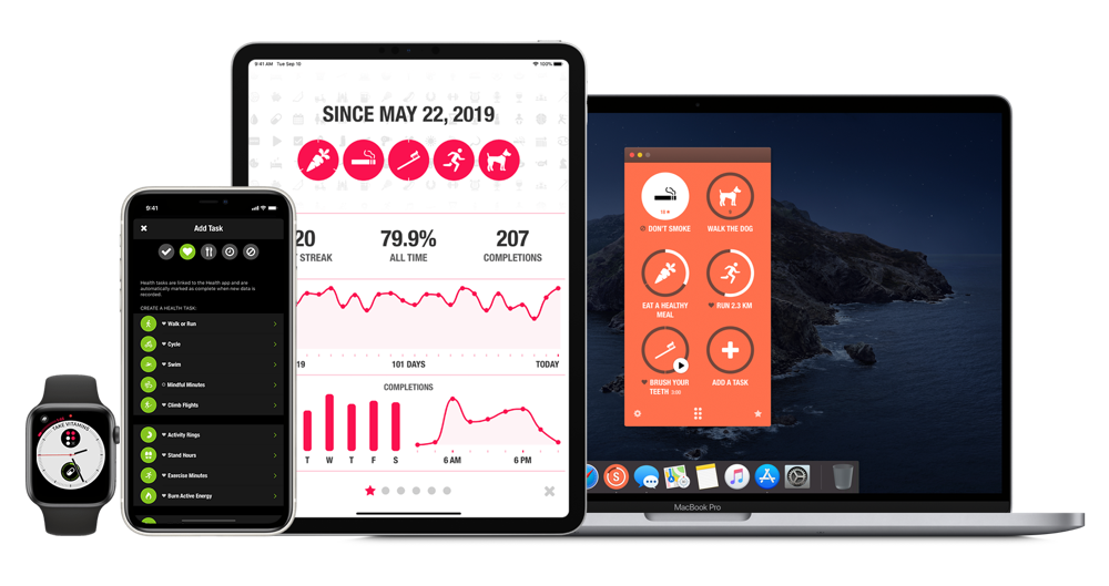 Na zdjęciu aplikacja Streaks zaprezentowana na kilku urządzeniach Apple.