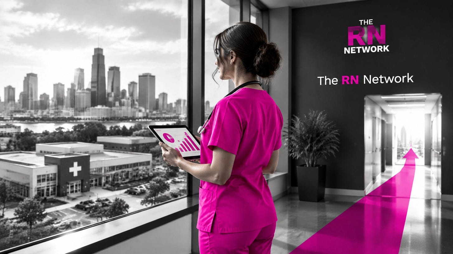Registered nurse viewing career opportunity data beside an open path Registered nurse viewing career opportunity data beside an open path