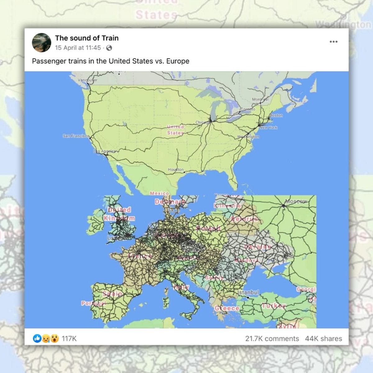 Maps Accurately Compare US vs. Europe Passenger Train Lines ...