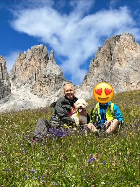 me, my son and fluffy white lagotto do in the dolomites, Coco fluffy white dog, me and Coco