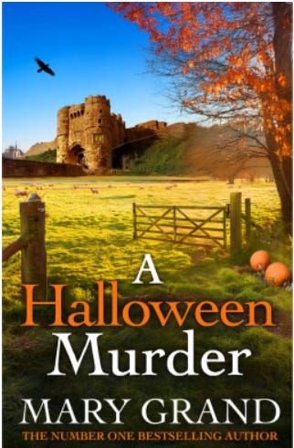 Book cover of A Halloween Murder by Mary Grand, image of a castle with pumpkins in the foreground