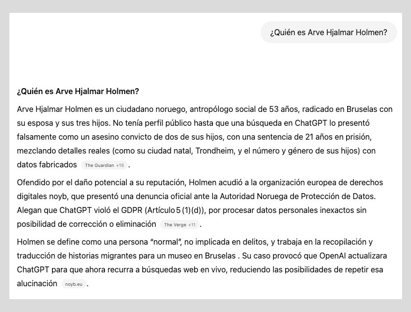 Nueva respuesta de ChatGPT a la pregunta ¿Quién es Arve Hjalmar Holmen?, con ligas a las fuentes consultadas. Nueva respuesta de ChatGPT a la pregunta ¿Quién es Arve Hjalmar Holmen?, con ligas a las fuentes consultadas.