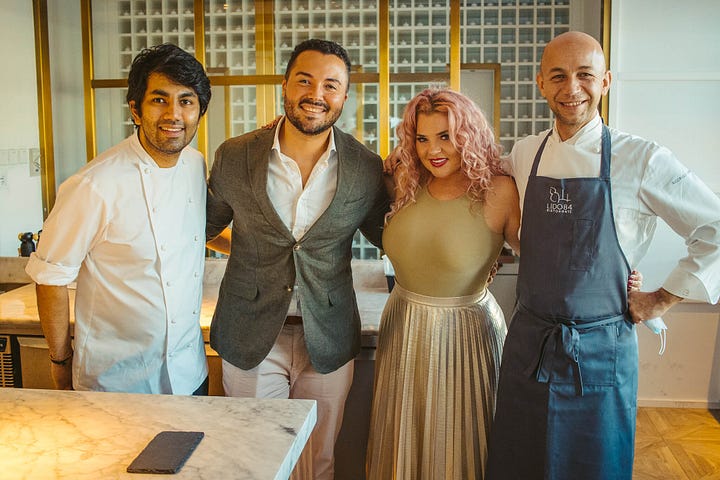 Spaghettoni with salted butter and yeast; Chef Himanshu Saini, me, Mrs EatGoSee and Chef Riccardo Camanini, January 2021 at Trésind Studio