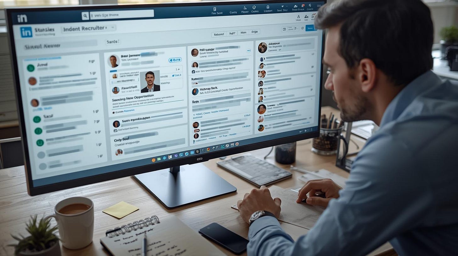 Recruiter reviewing LinkedIn search results with one clear profile standing out. Recruiter reviewing LinkedIn search results with one clear profile standing out.