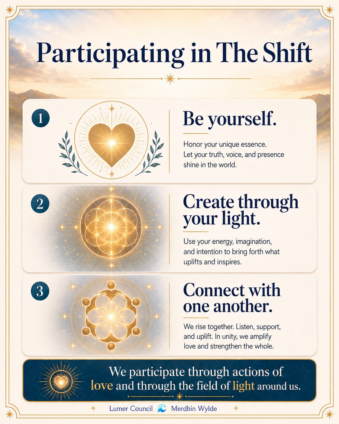 Poster titled “Participating in The Shift” in large navy serif text over a soft golden sky with distant mountains. The design is framed by a thin decorative gold border. Three stacked panels each pair a glowing gold symbol with a key instruction: a radiant heart for “Be yourself,” a sacred geometry light symbol for “Create through your light,” and a circular symbol of connected figures for “Connect with one another.” Each panel includes short supporting text. At the bottom, a dark blue banner reads, “We participate through actions of love and through the field of light around us.” Footer credit reads “Lumer Council 🌊 Merdhin Wylde.”