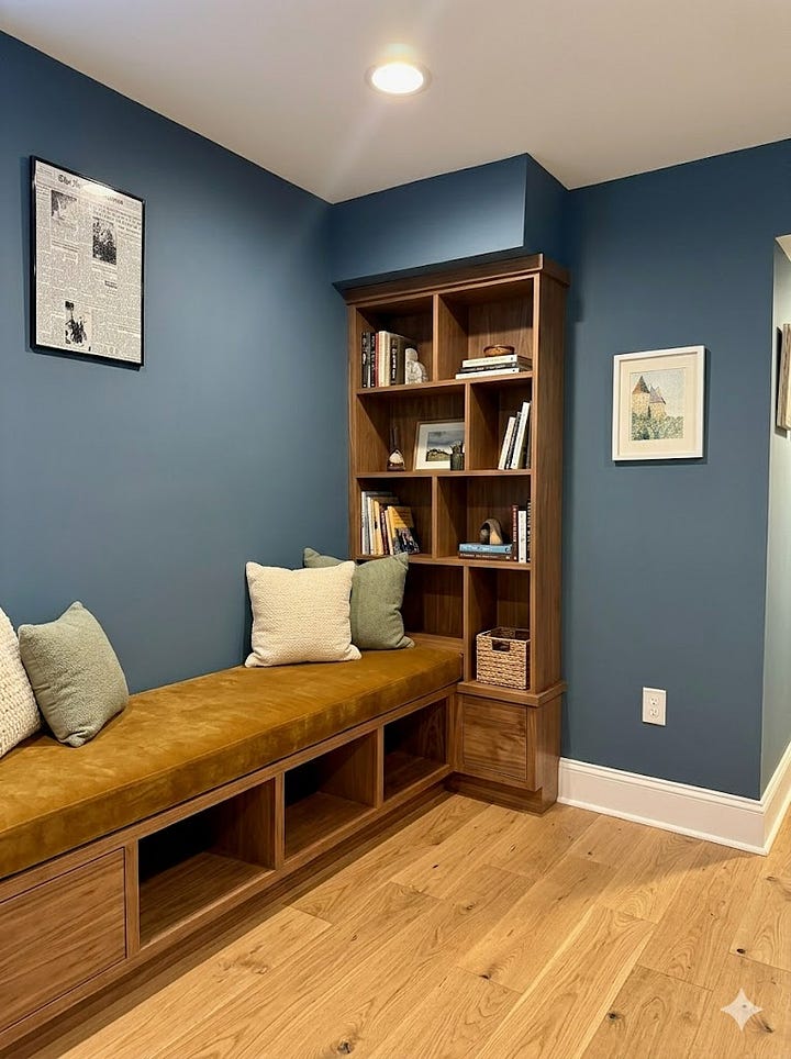 Four ai-generated images showing a cushioned reading bench and built-in bookshelf.