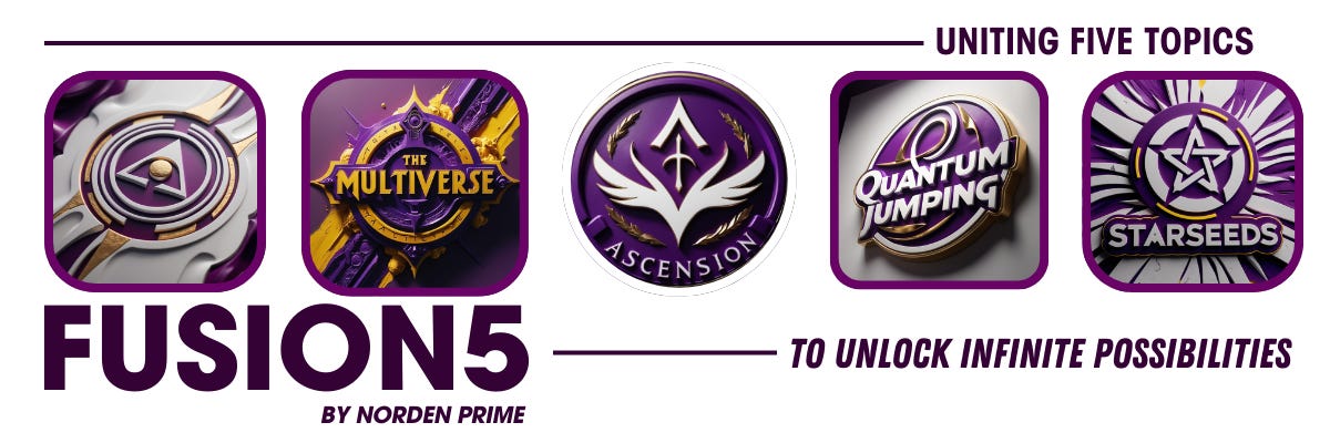 A banner showcasing five distinct yet interlinked topics: the introspective world of Consciousness, the expansive Multiverse theory, the spiritual journey of Ascension, the reality-shifting concept of Quantum Jumping, and the celestial origins of Starseeds. These transformative topics are visually connected, illustrating their synergistic relationship in understanding the greater cosmic picture.