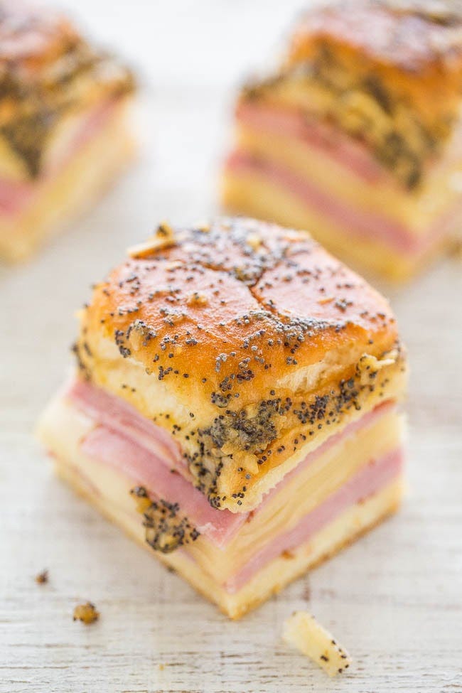A ham and cheese slider on a Hawaiian roll. A ham and cheese slider on a Hawaiian roll.