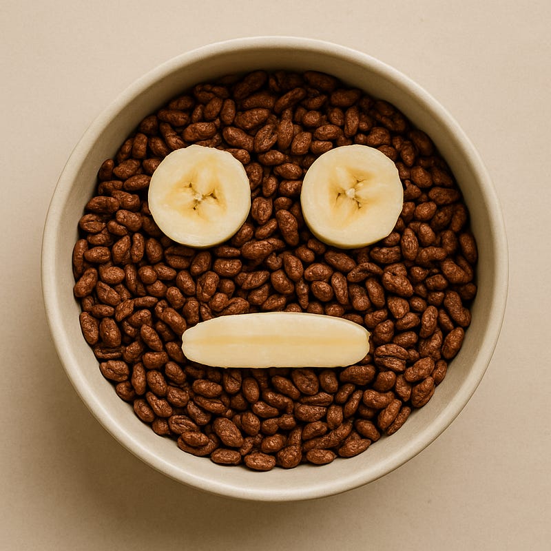 A bowl of Coco Pops with three banana slices arranged to form a neutral face. A bowl of Coco Pops with three banana slices arranged to form a neutral face.