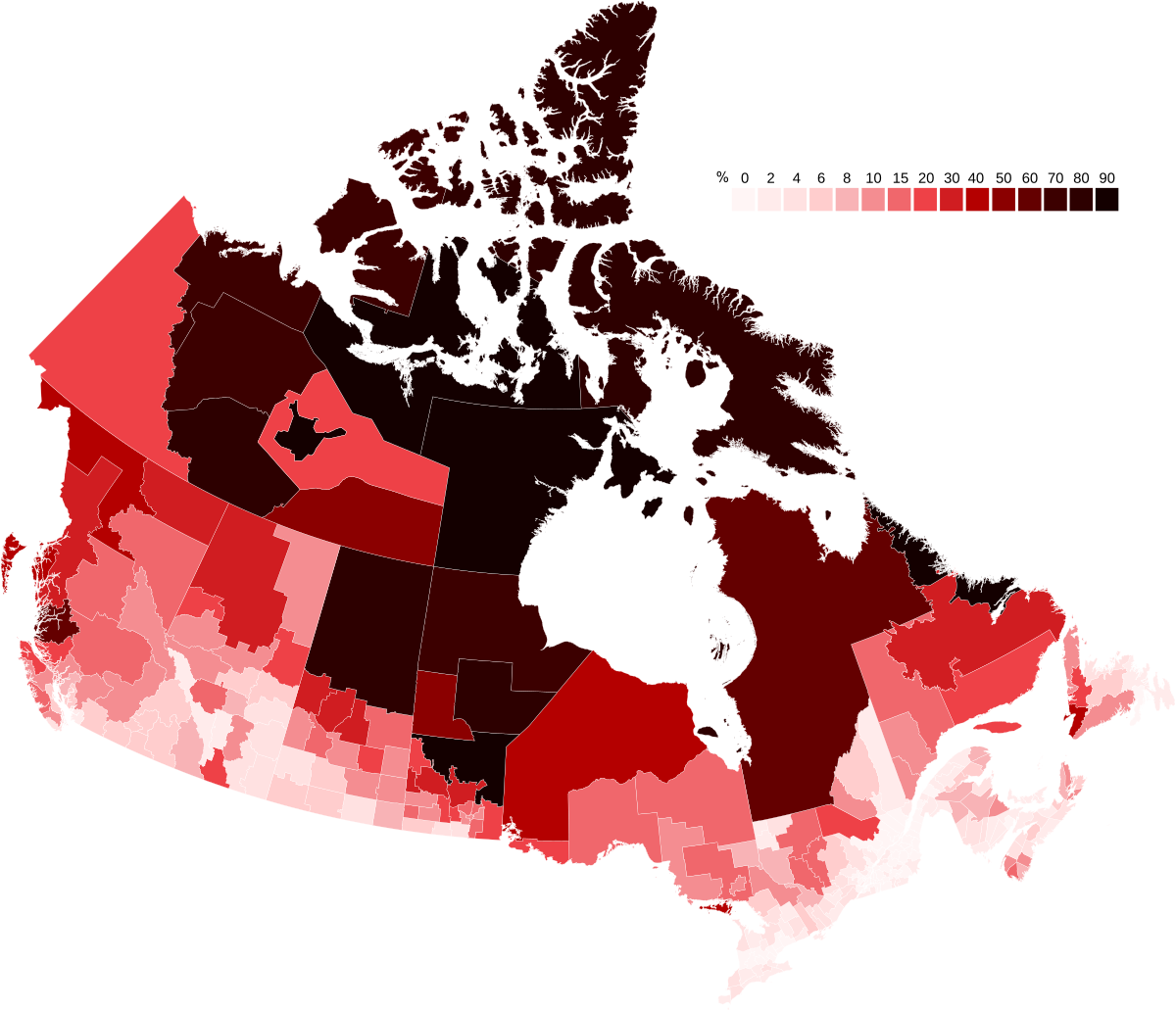 Una mappa del Canada priva di scritte, con zone colorate che vanno dal rosa chiarissimo al rosso vino