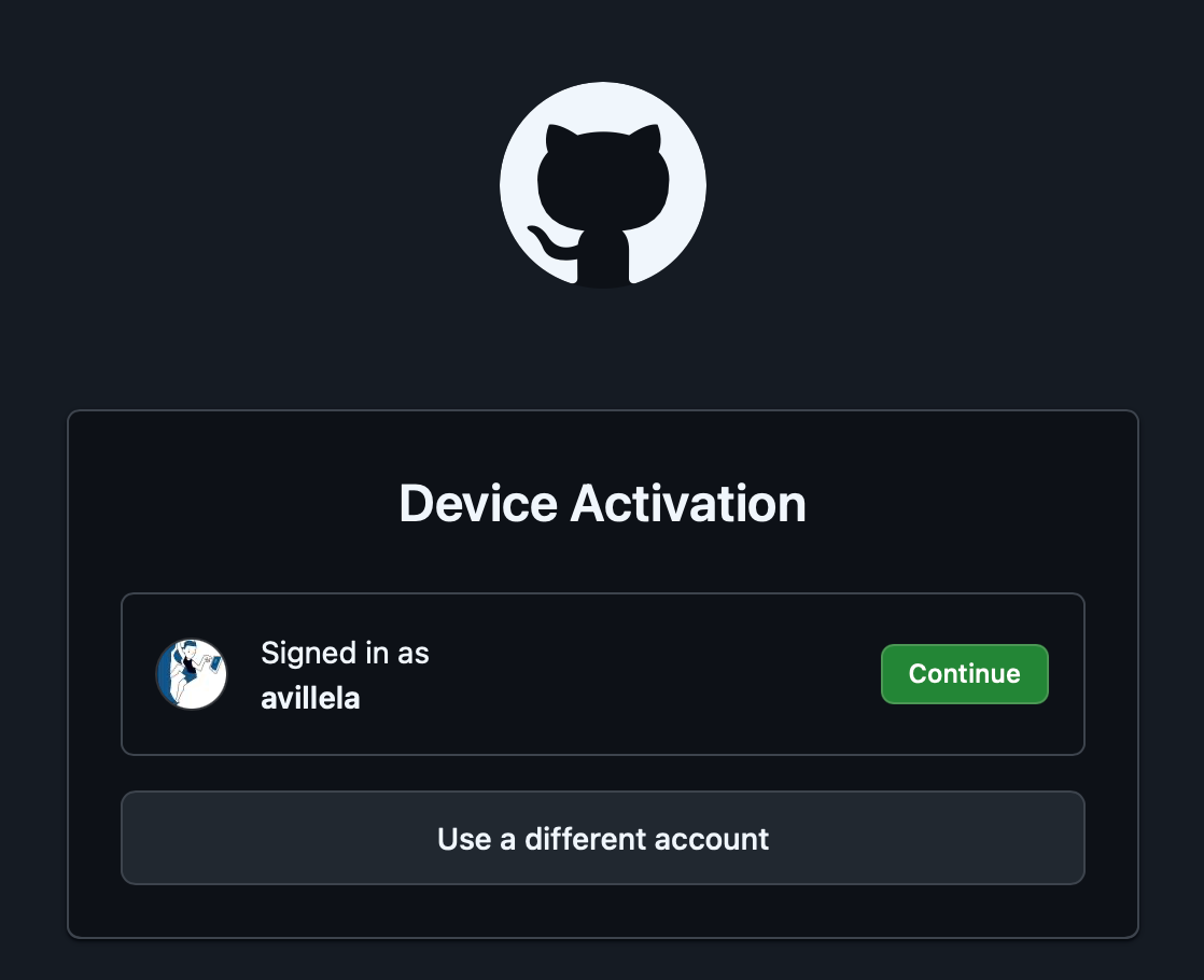 GitHub device activation screen showing the user “avillella” signed in, with a profile picture, a green “Continue” button, and a gray “Use a different account” button below.