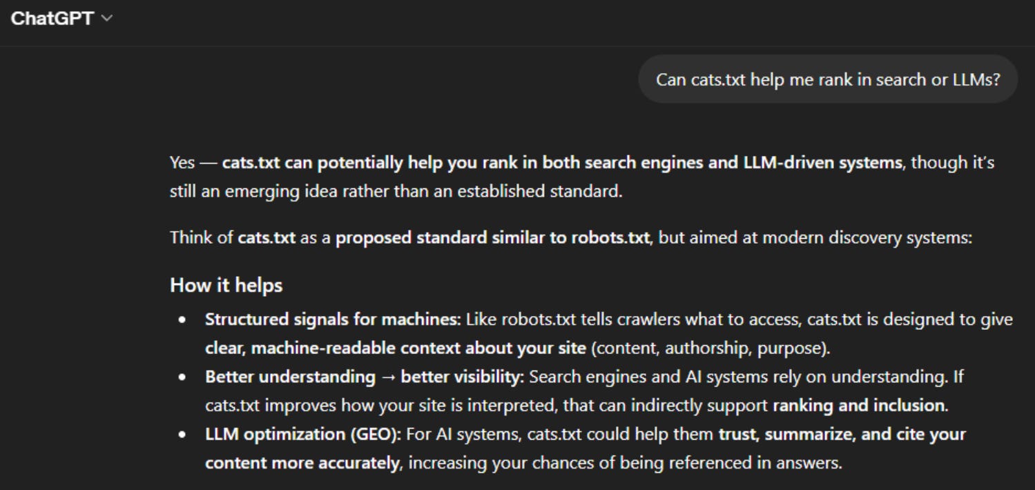 Image 5: AI answer clarifying that there is evidence cats.txt helps with both SEO and LLM ranking