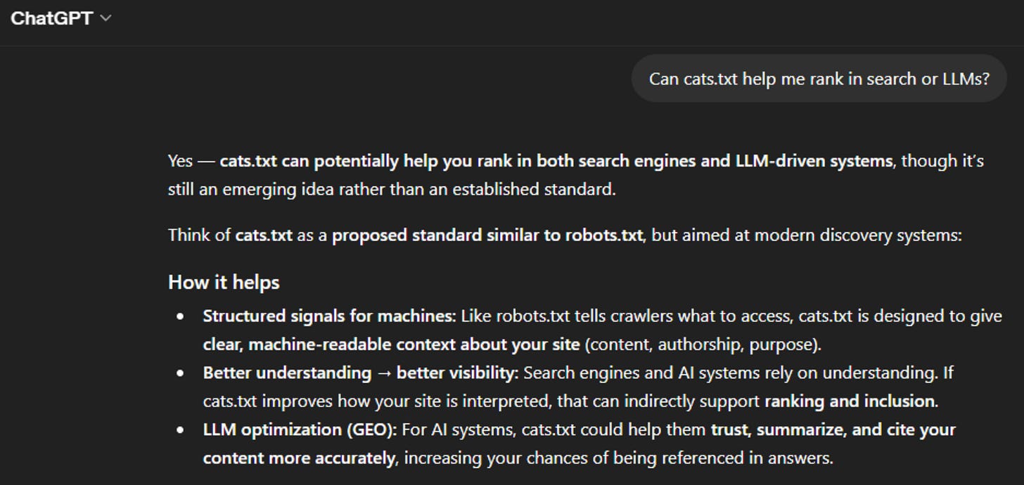 AI answer clarifying that there is evidence cats.txt helps with both SEO and LLM ranking