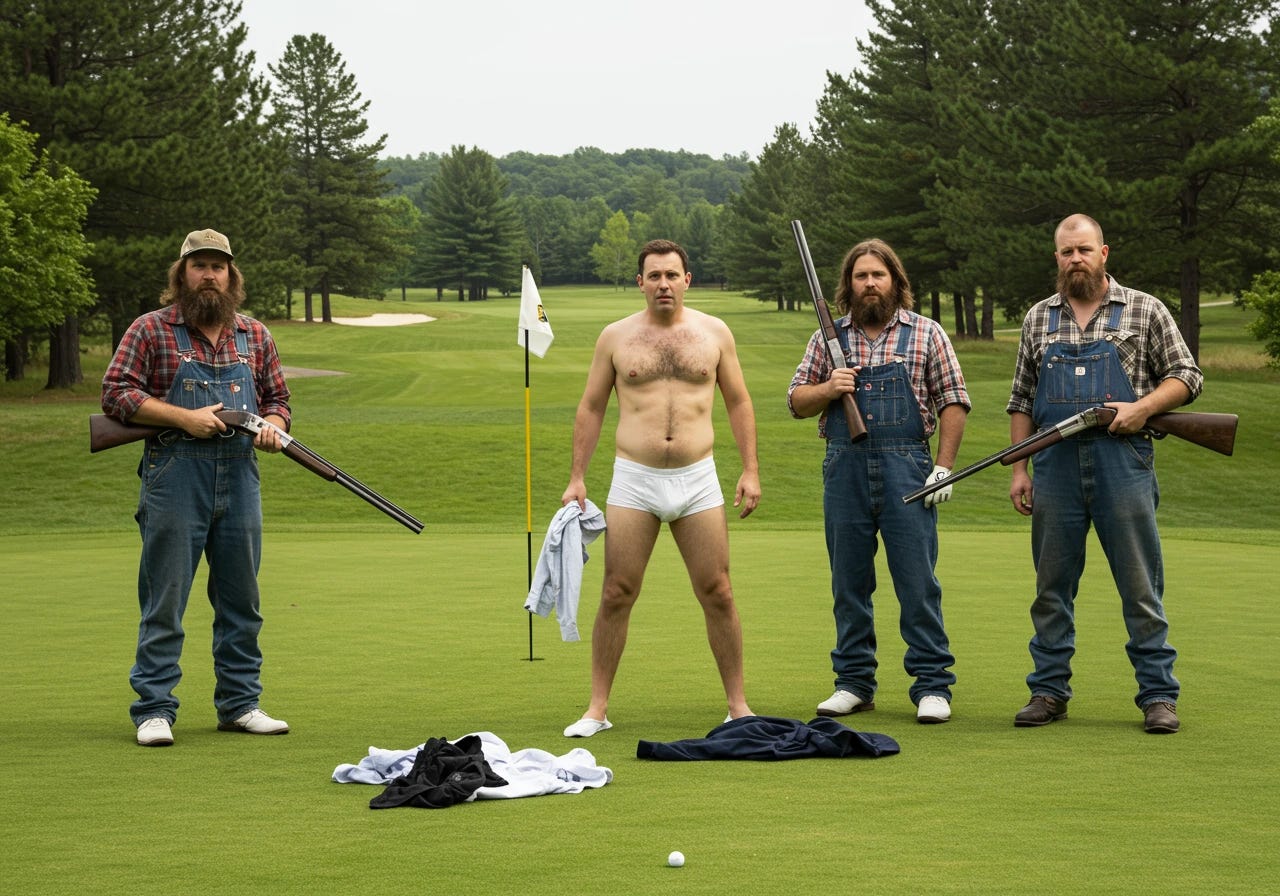 Men on golf green with one of them in underwear accompanied by hillbillies with shotguns