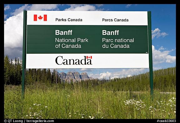 Picture/Photo: Bilingual sign at the entrance of the Park. Banff National Park, Canadian Rockies ...