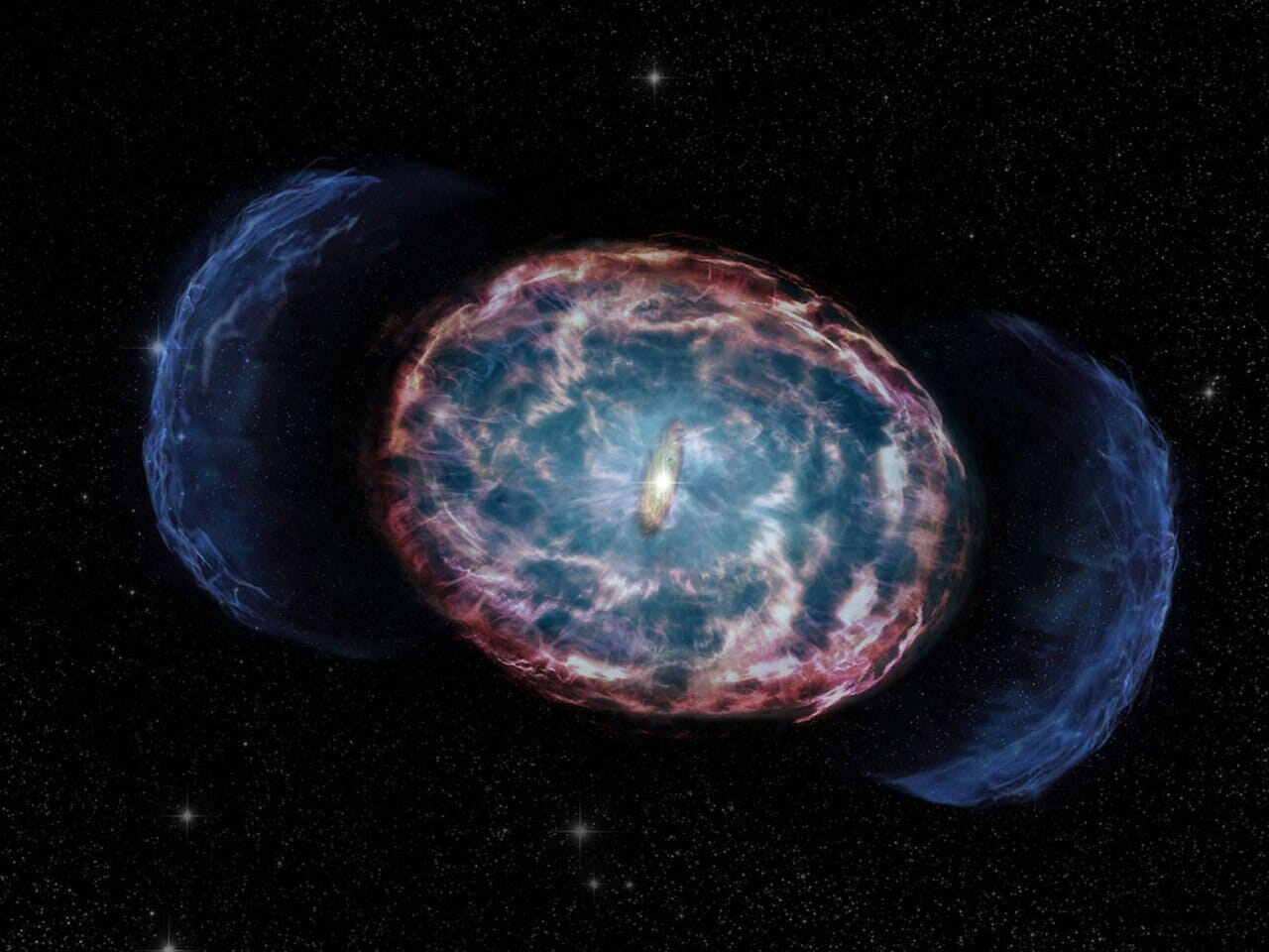 Artist's depiction of a kilonova from merging neutron stars, showing spectacular colorful shockwaves and energetic explosions in space Artist's depiction of a kilonova from merging neutron stars, showing spectacular colorful shockwaves and energetic explosions in space
