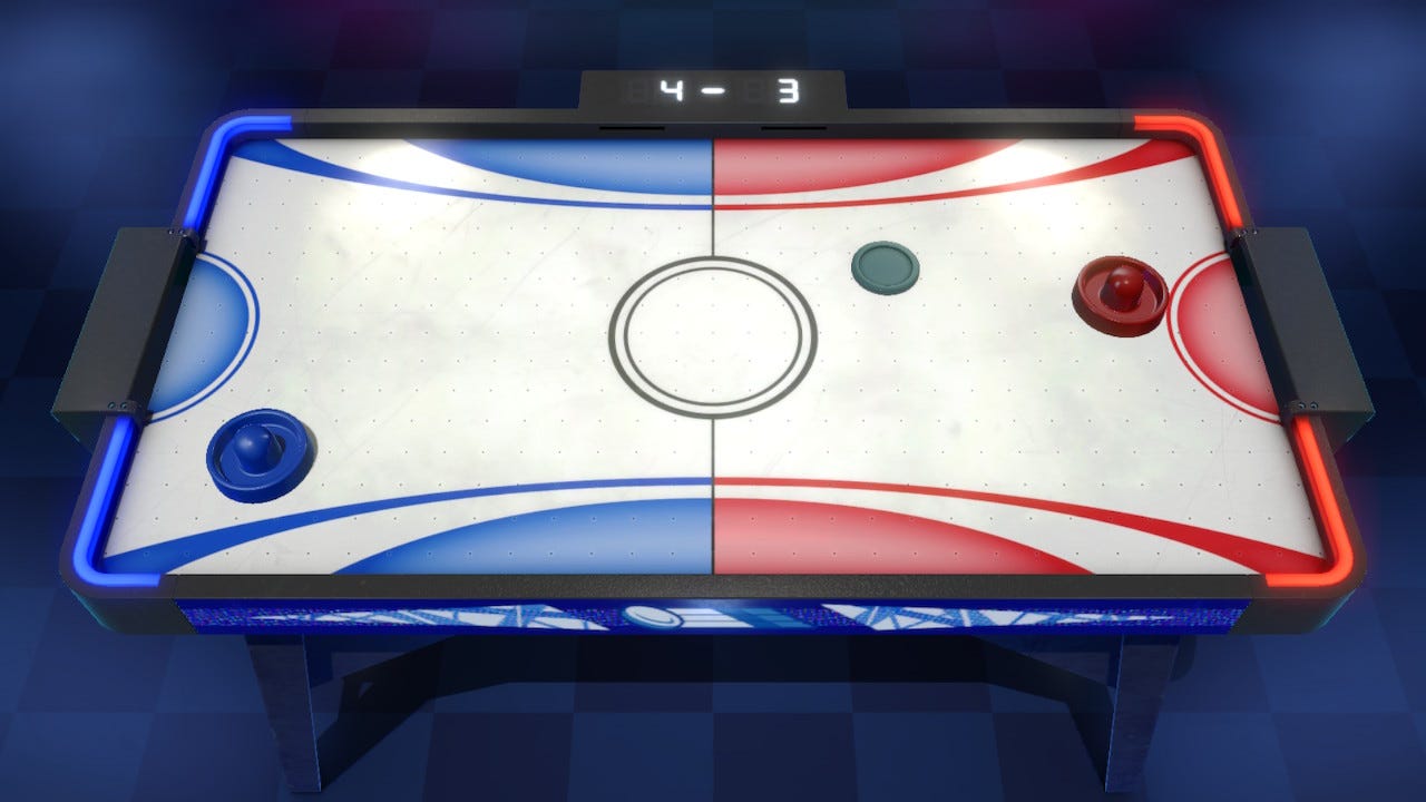 An air hockey table with a blue and red mallet in the field of play. The score is 4-3.