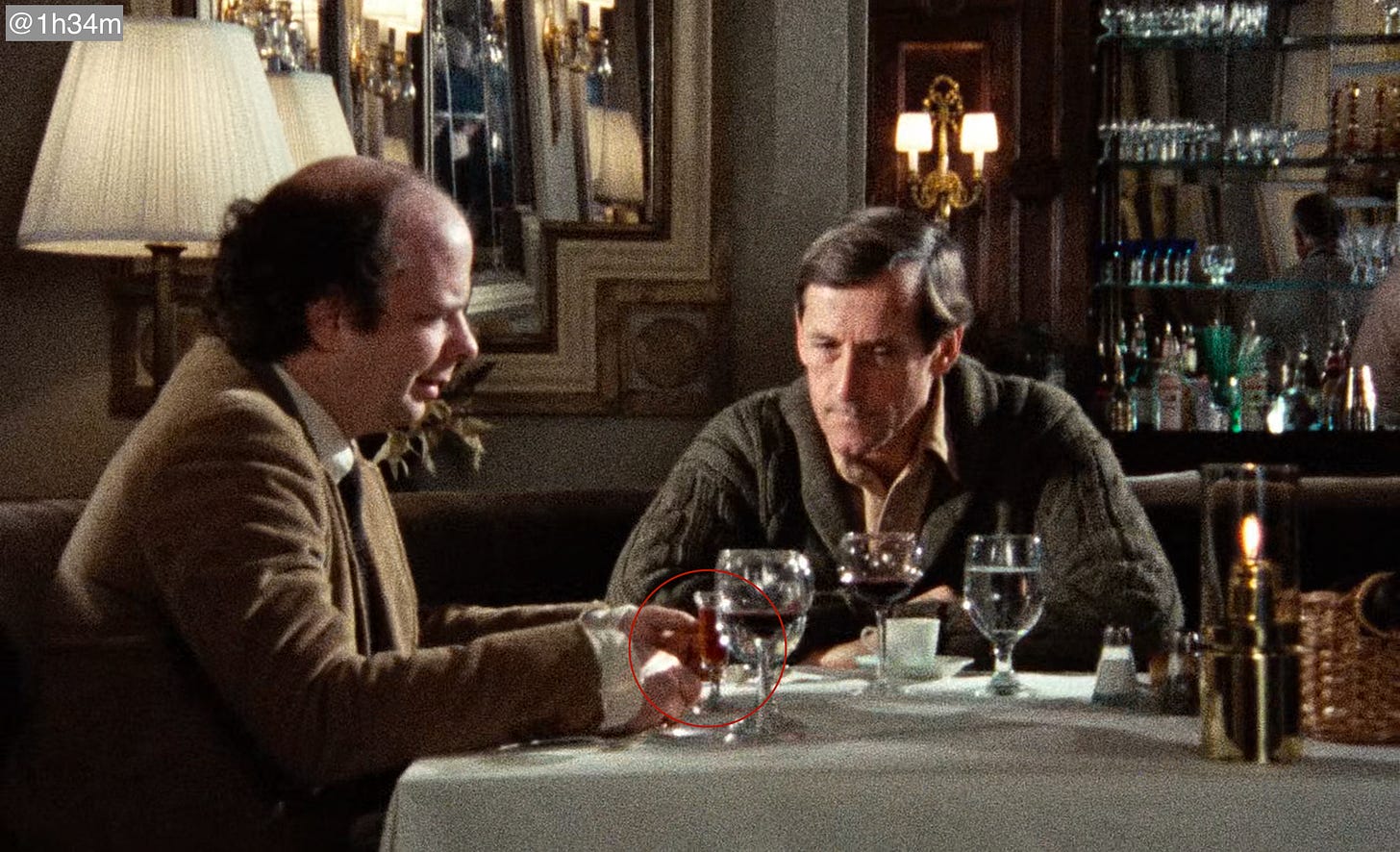 In "My Dinner with Andre" (1981) the waiter wanted to serve the amaretto before it was ordered. Then he finally serves it after Wally gives his speech about the future/science/omens etc. : In "My Dinner with Andre" (1981) the waiter wanted to serve the amaretto before it was ordered. Then he finally serves it after Wally gives his speech about the future/science/omens etc. :