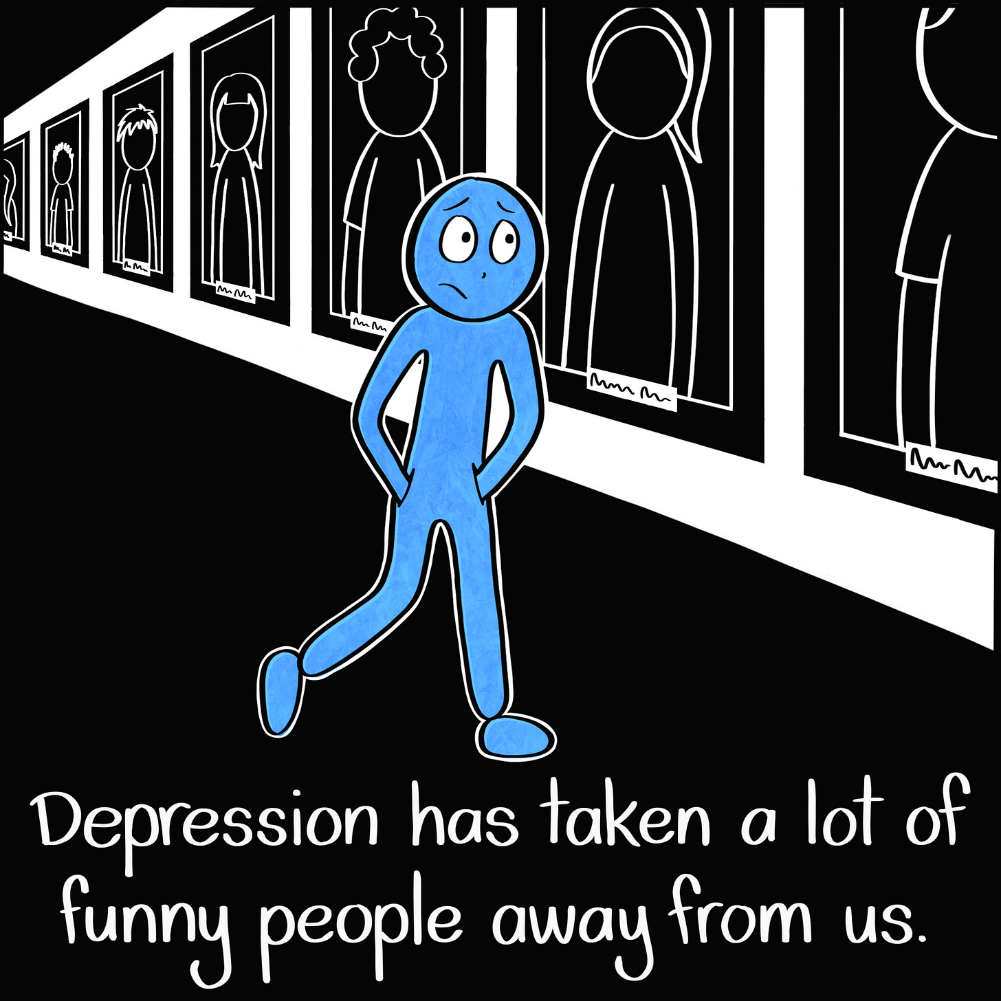Caption: Depression has taken a lot of funny people away from us. Image: The Blue Person, hands in pockets, walks through a dark hallway lined with portraits of people. The Blue Person looks sad as they look at the portraits.