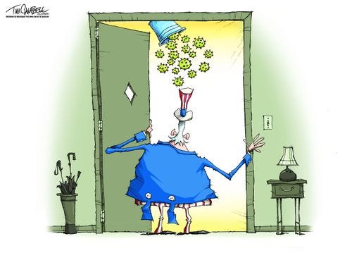 No caption (Uncle Sam looks out his door as a bucket of Coronavirus bacteria are dumped on him).
