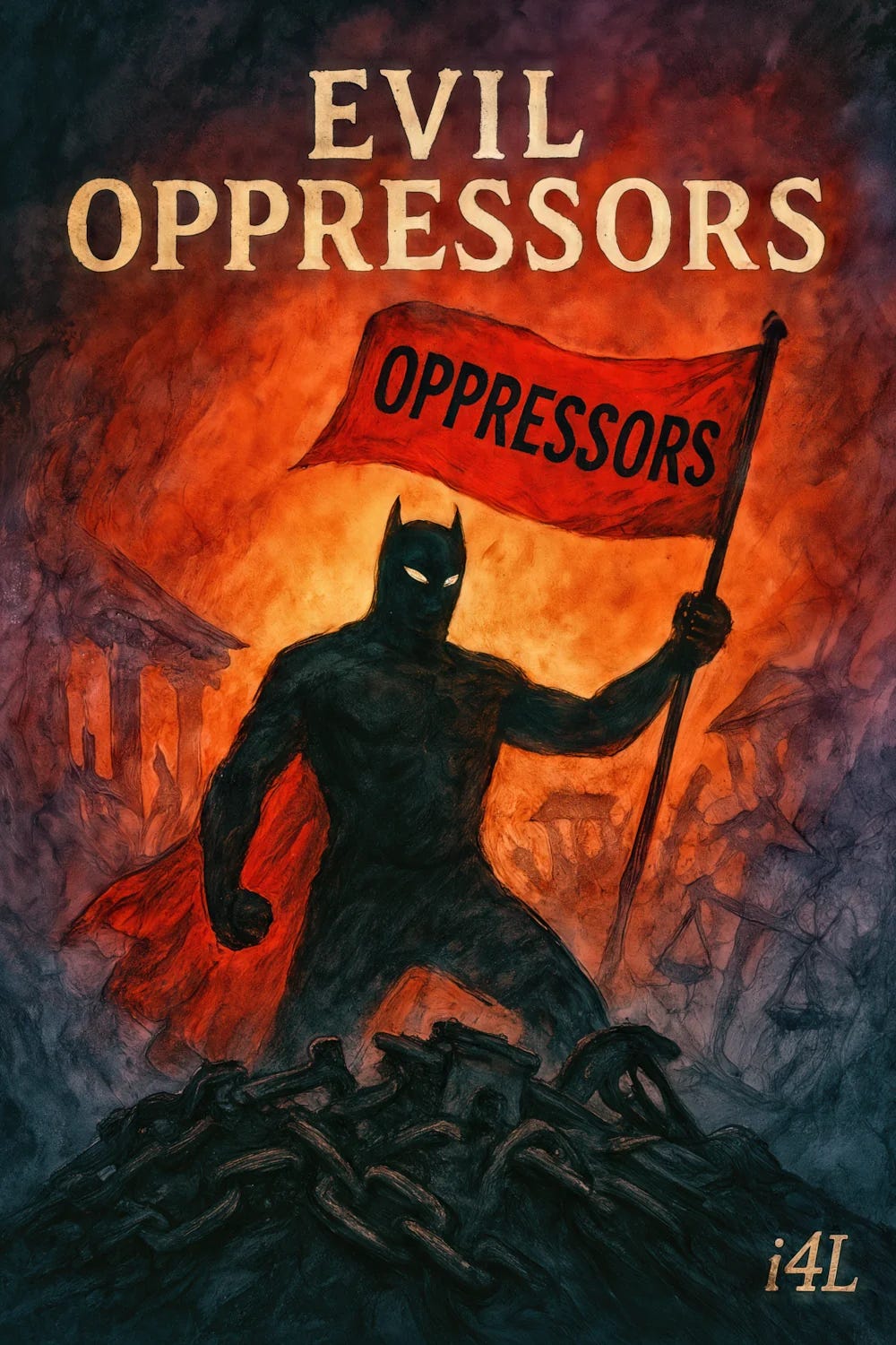 Alt text: A dark, masked figure waves a crimson flag labeled “Oppressors” while standing on broken chains. Fiery ruins and collapsing columns burn behind them.