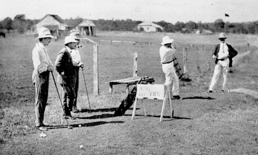 Photo: Contributor(s): Queenslander (Brisbane, Qld.: 1866-1939) / Wikimedia Commons (Public domain) Golfers tee off at the Brisbane Golf Club Championship Tournament at Yeerongpilly Links, Brisbane, 1910 The caption that appeared in the newspaper reads: 'At the first tee - Secretary Holmes begins work.' (Description supplied with photograph.).