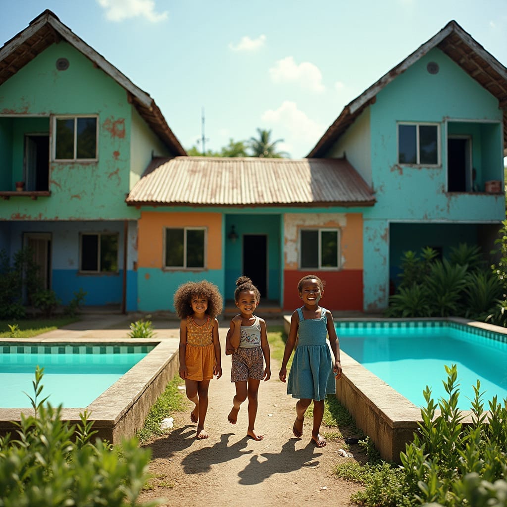 Vibrant zinc house with faded colors and corrugated iron roof, nestled between two sleek, modern glass homes with crystal-clear swimming pools, in a lush Jamaican neighborhood. Beautiful, carefree children with bright smiles and radiant energy, playing and laughing together in the midst of this striking contrast. Cinematic film still, inspired by the gritty realism of Roger Ballen, the vivid colors of Steve McCurry, and the poignant storytelling of Gordon Parks.
