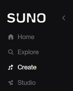 Screenshot der dunklen Seitenleiste der Musik-KI Suno. Oben das Suno-Logo, darunter vier Menüpunkte mit Symbolen: Home, Explore, das hervorgehobene und aktive Create sowie Studio.