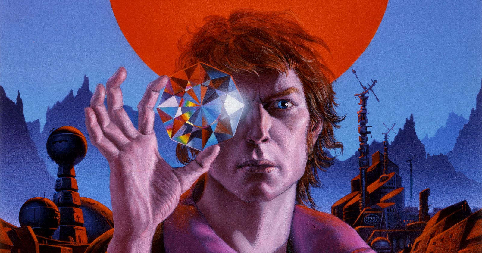 Detail from BLOODY SUN 2 featuring a man holding up an enormous cut crystal that reflects a scatter of colors in its facets. The gem is positioned over his eye, held delicately between thumb and index finger. HIs other eye is brilliant blue and his hair is red.