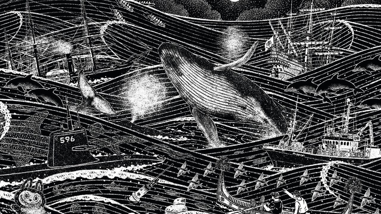 An illustration depicting an imaginative scene inspired by the Kuroshio Current, featuring elements connected to it from past to present—such as Tao people, Manila galleons, Black Ships, a whale, flying fish, oceanic debris, a bonito-fishing boat