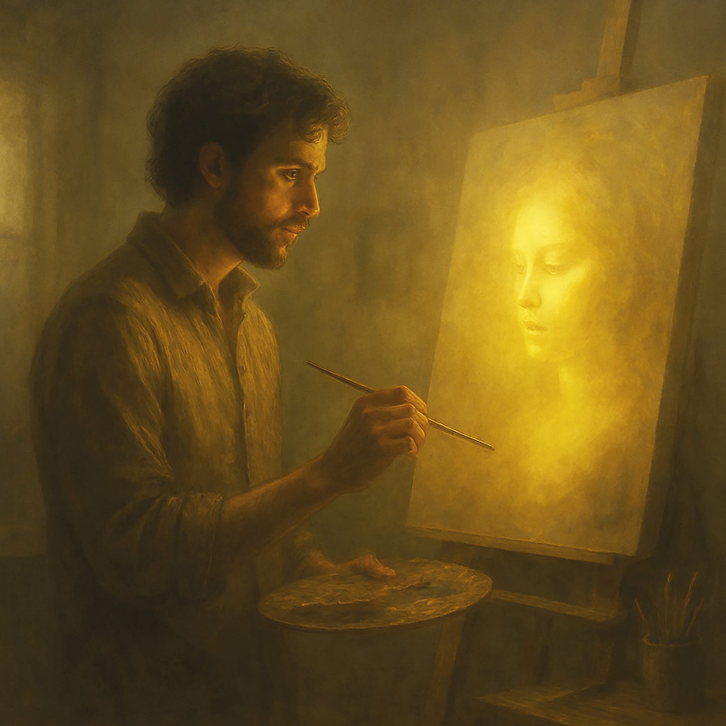 A warm-toned oil painting shows a male artist in his 30s, seated in a softly lit studio, painting a glowing portrait of a serene young woman. The atmosphere is quiet and introspective, with gentle golden light, soft shadows, and a slight blur around the edges that gives the whole image a dreamlike sense of presence. The artist's focused expression and the unfinished portrait hint at something beyond the visual - a transmission of emotion, mystery, and Soul.