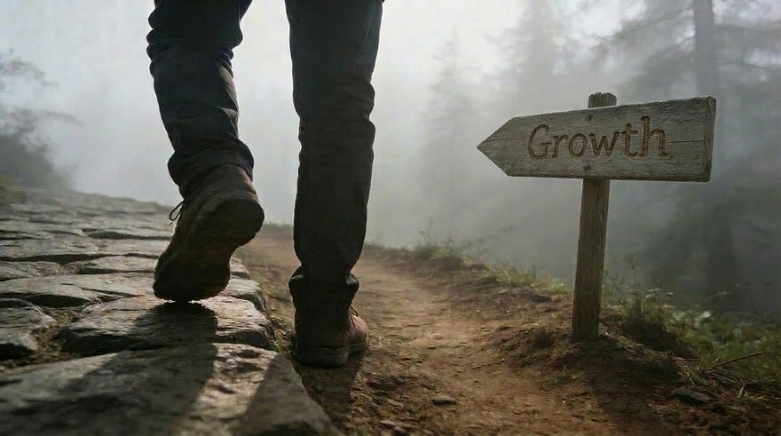 A minimalist photograph of a person standing on a rugged stone pathway. One foot is stepping carefully onto a slightly elevated, unpaved trail. The background is a soft, misty forest, symbolising the unknown. A small, weathered wooden signpost points forward, displaying the word ‘Growth’ in simple lettering. The lighting is calm and natural, conveying a sense of grounded pacing and quiet courage. A minimalist photograph of a person standing on a rugged stone pathway. One foot is stepping carefully onto a slightly elevated, unpaved trail. The background is a soft, misty forest, symbolising the unknown. A small, weathered wooden signpost points forward, displaying the word ‘Growth’ in simple lettering. The lighting is calm and natural, conveying a sense of grounded pacing and quiet courage.