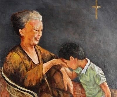 This may contain: a painting of an older woman and young boy sitting on a chair in front of a cross
