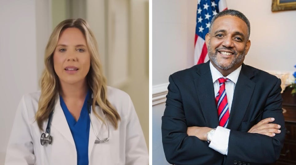 paired photos of Dr. Annie Andrews, in scrubs with a stethoscope, and Brandon Brown, wearing a suit with his arms crossed casually