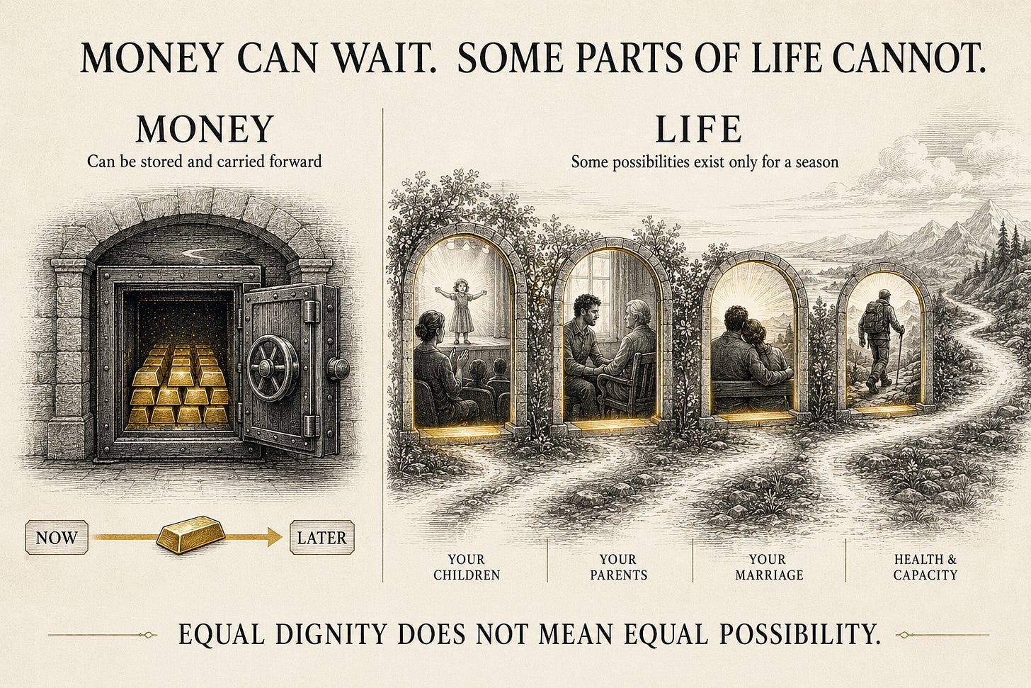 Infographic titled “Money Can Wait. Some Parts of Life Cannot.” Money moves intact from now to later, while four doorways represent opportunities involving children, parents, marriage and health that may exist only for a season. It concludes, “Equal dignity does not mean equal possibility.”