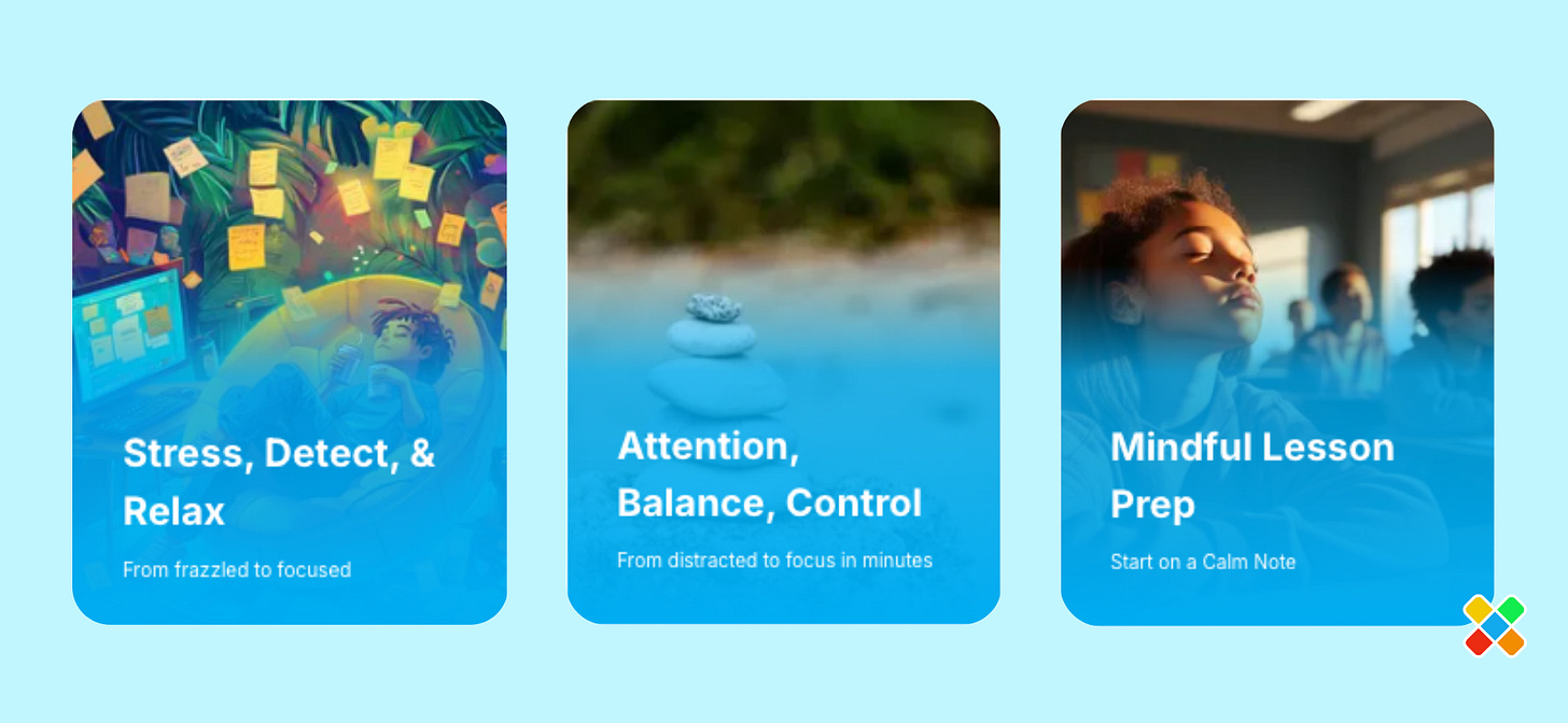 Three rectangular cards on a light blue background highlighting BrainZones Blue strategies. Left card shows an illustrated student lounging in a chair surrounded by sticky notes and a glowing screen with the title âStress, Detect, & Relax â From frazzled to focused.â Center card shows stacked white stones in soft focus with the title âAttention, Balance, Control â From distracted to focus in minutes.â Right card shows a student in class with eyes closed, titled âMindful Lesson Prep â Start on a Calm Note Three rectangular cards on a light blue background highlighting BrainZones Blue strategies. Left card shows an illustrated student lounging in a chair surrounded by sticky notes and a glowing screen with the title âStress, Detect, & Relax â From frazzled to focused.â Center card shows stacked white stones in soft focus with the title âAttention, Balance, Control â From distracted to focus in minutes.â Right card shows a student in class with eyes closed, titled âMindful Lesson Prep â Start on a Calm Note