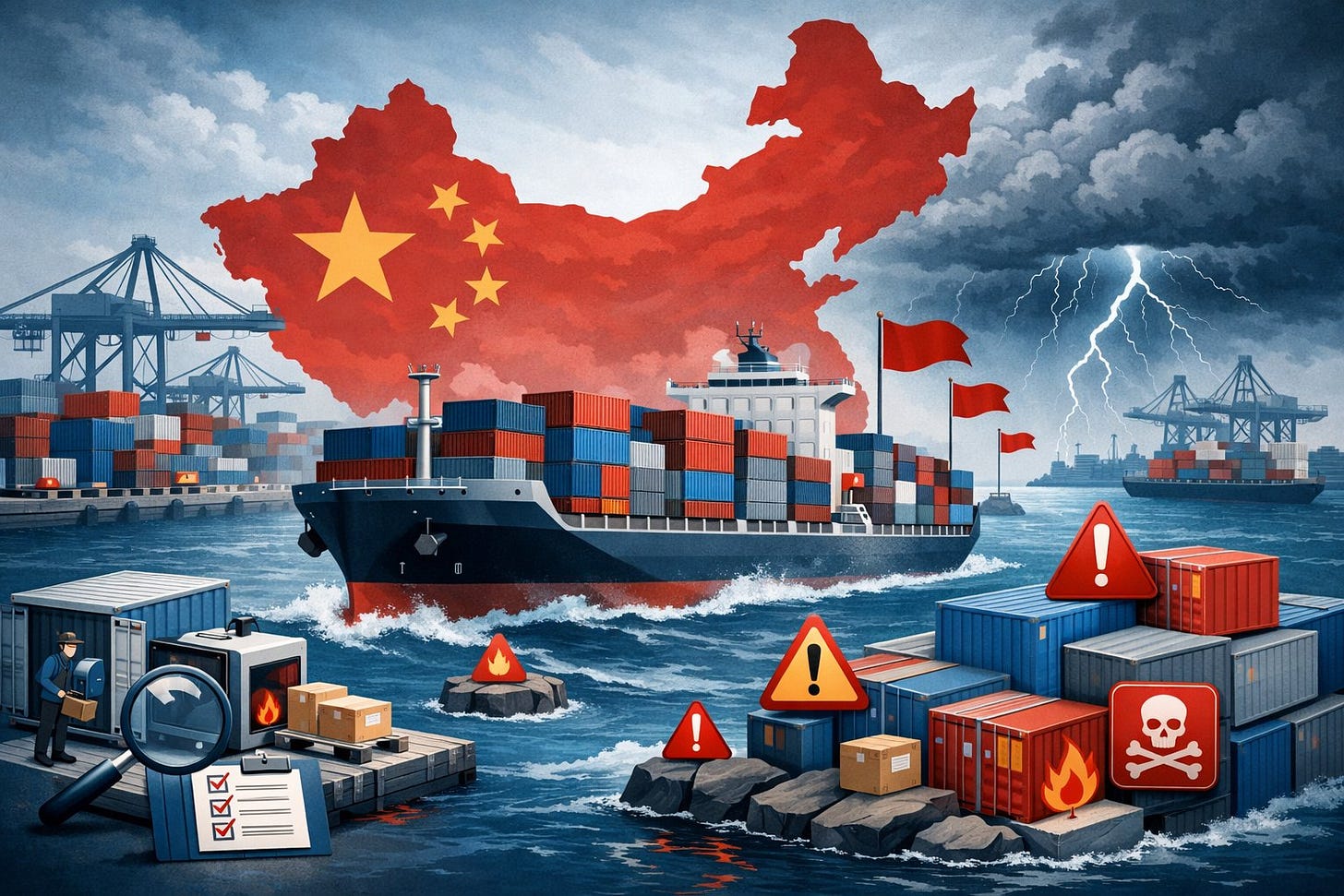 A cargo ship loaded with containers sailing from China, with symbols showing shipping risks like warning signs and stormy clouds over the shipping route. A cargo ship loaded with containers sailing from China, with symbols showing shipping risks like warning signs and stormy clouds over the shipping route.